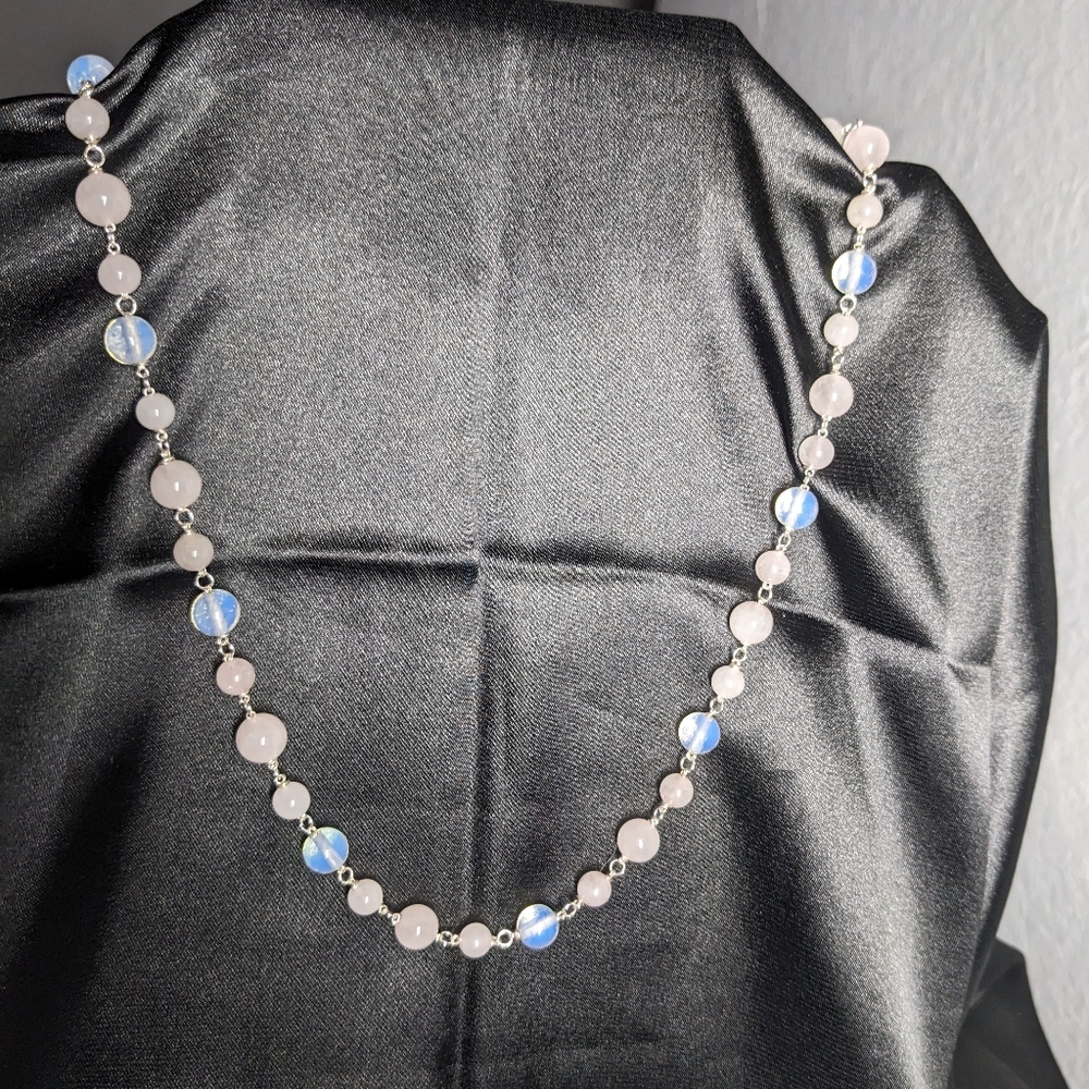 Moonstone Rose Quartz Crystal Necklace Handmade Artisan Silver Unique Natural - Picture 6 of 10